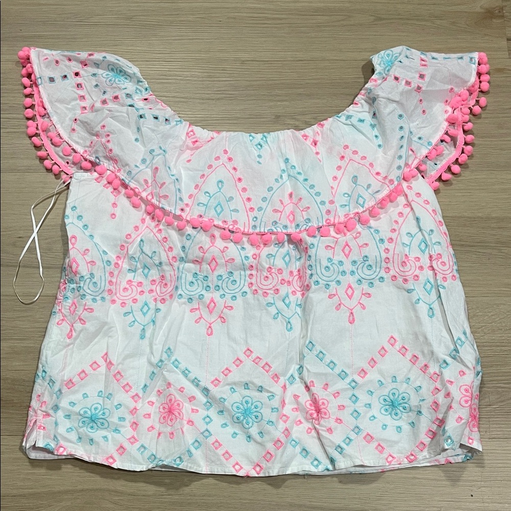 crown & ivy White Blouse with Pink and Blue Embroidery